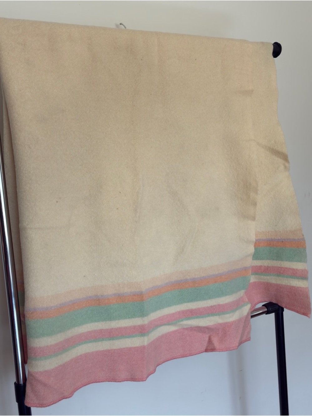 Vintage Wool Blanket Cream Pastel Stripe 64x60 - Picture 2 of 7